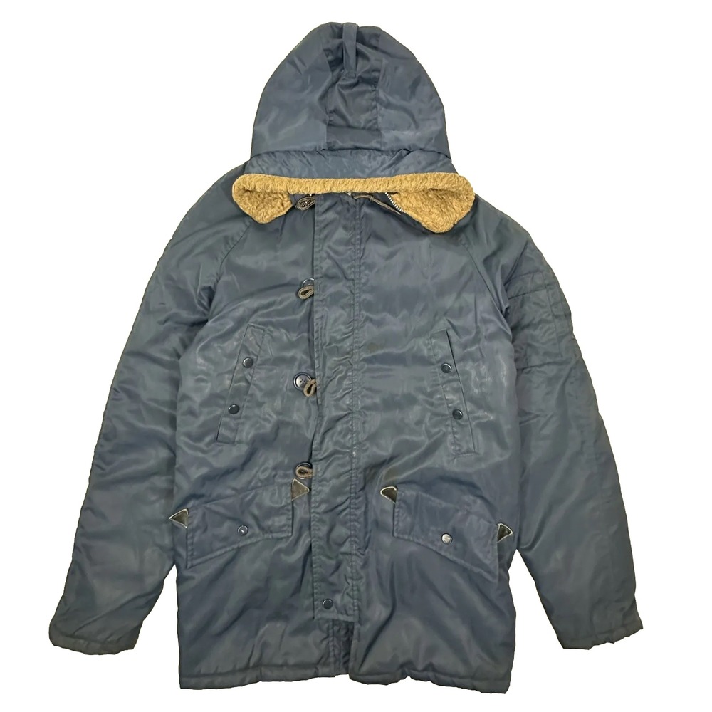 VTG Fruit‎ of the LOOM Mens Parka Small Blue Coat Hooded Quilted Lining Jacket